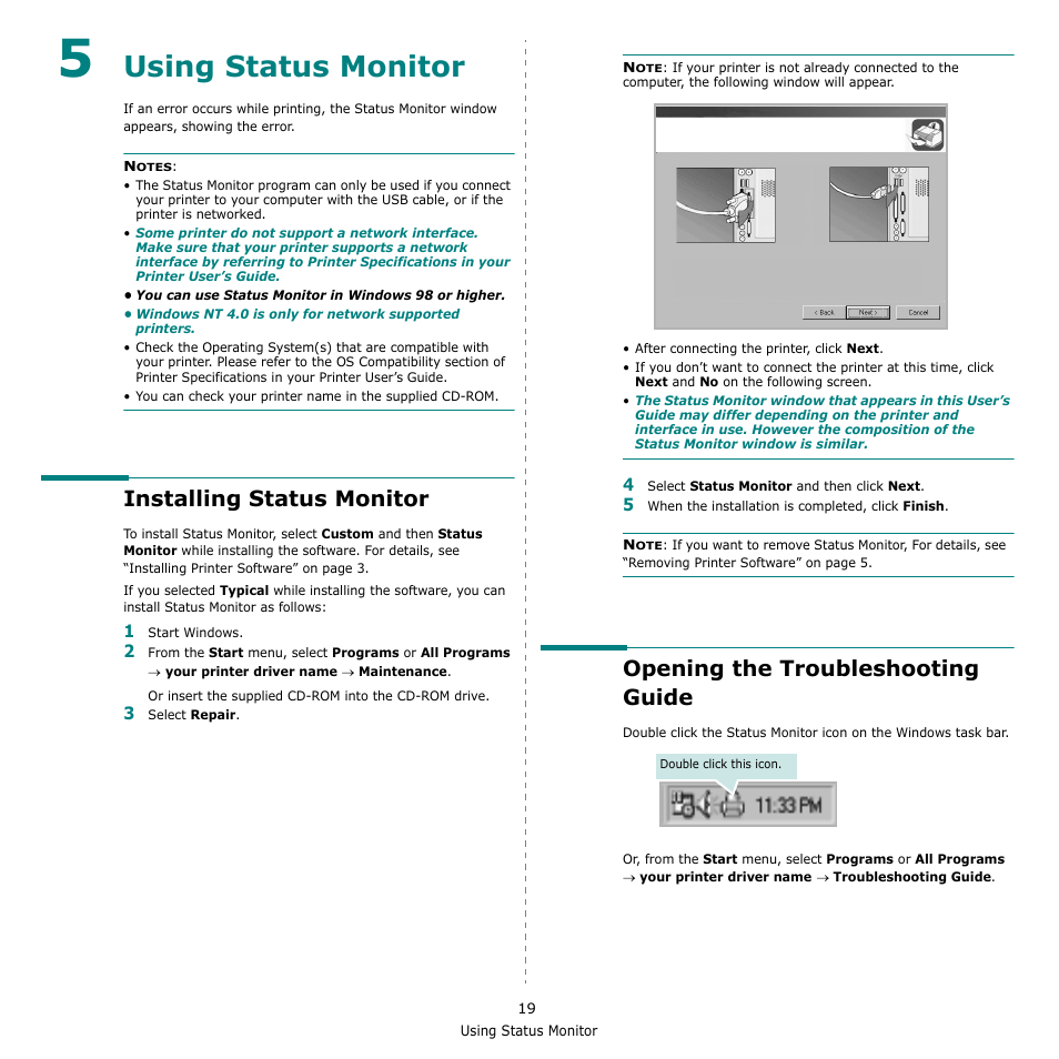 5 using status monitor, Installing status monitor, Opening the troubleshooting guide | Chapter 5, Sing, Tatus, Onitor, Using status monitor | Samsung ML-1610 User Manual | Page 100 / 108