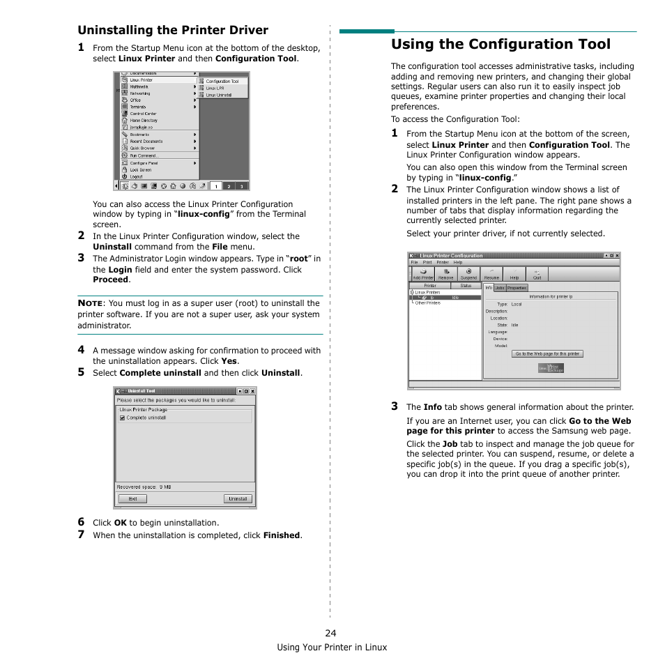 Uninstalling the printer driver, Using the configuration tool | Samsung ML-1610 User Manual | Page 105 / 108