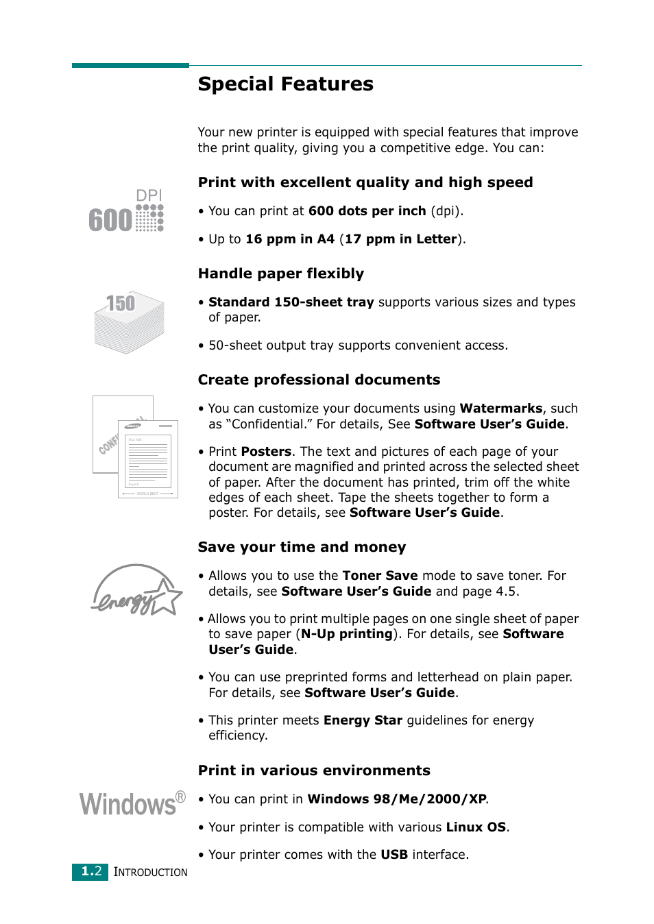 Special features | Samsung ML-1610 User Manual | Page 13 / 108