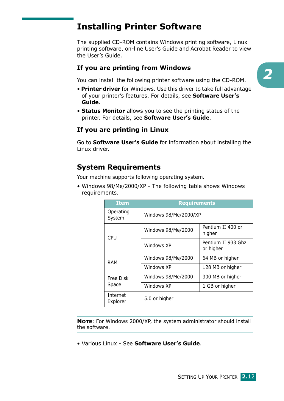 Installing printer software, System requirements | Samsung ML-1610 User Manual | Page 30 / 108