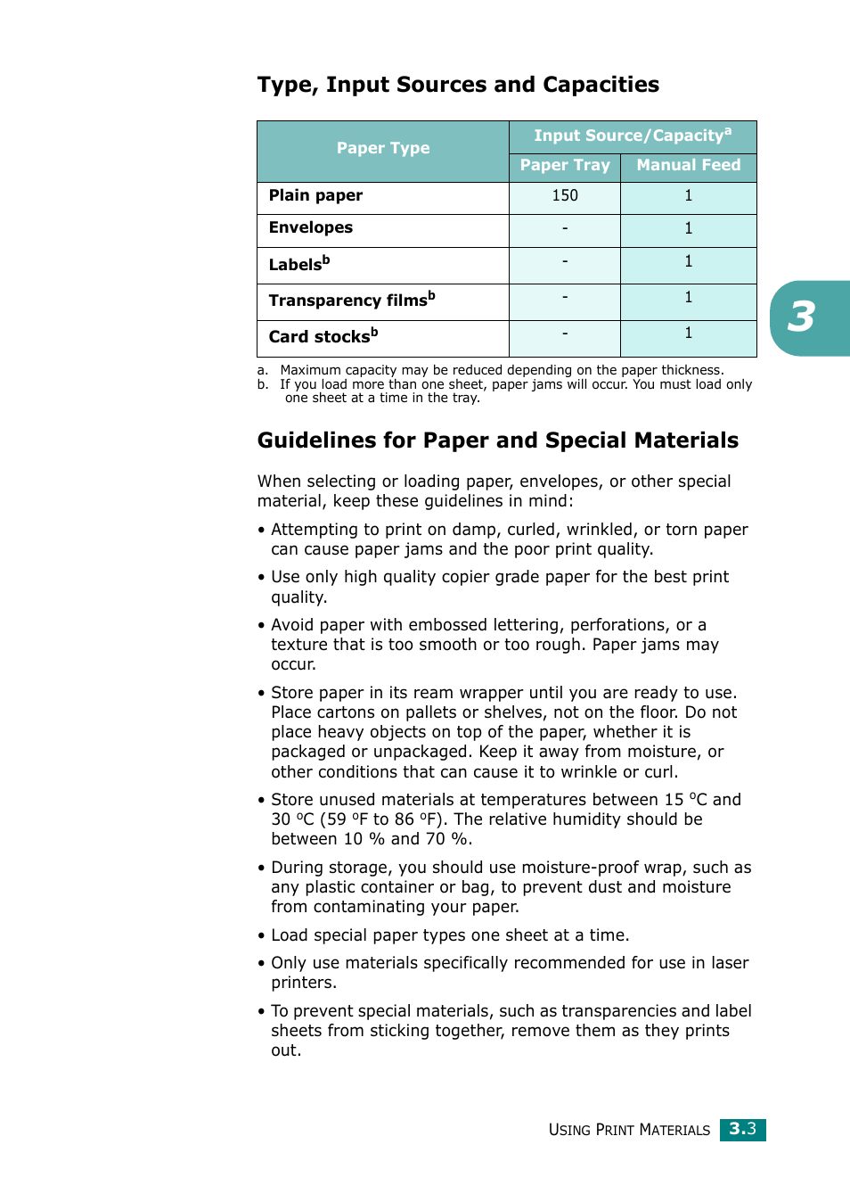 Type, input sources and capacities, Guidelines for paper and special materials | Samsung ML-1610 User Manual | Page 34 / 108