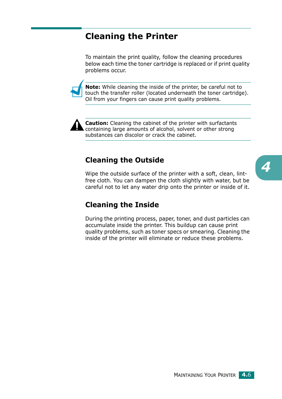 Cleaning the printer, Cleaning the outside, Cleaning the inside | Cleaning the outside cleaning the inside | Samsung ML-1610 User Manual | Page 48 / 108