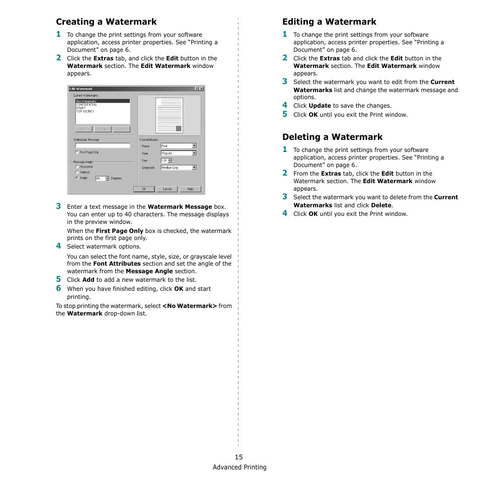 Creating a watermark, Editing a watermark, Deleting a watermark | Samsung ML-1610 User Manual | Page 96 / 108