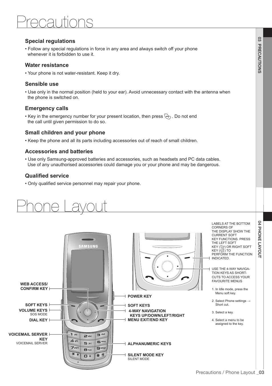 Precautions, Phone layout, Special regulations | Water resistance, Sensible use, Emergency calls, Small children and your phone, Accessories and batteries, Qualified service | Samsung SGH-M600 User Manual | Page 4 / 7