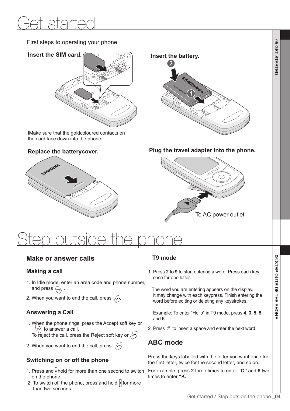 Get started, Step outside the phone, Make or answer calls | Abc mode | Samsung SGH-M600 User Manual | Page 5 / 7