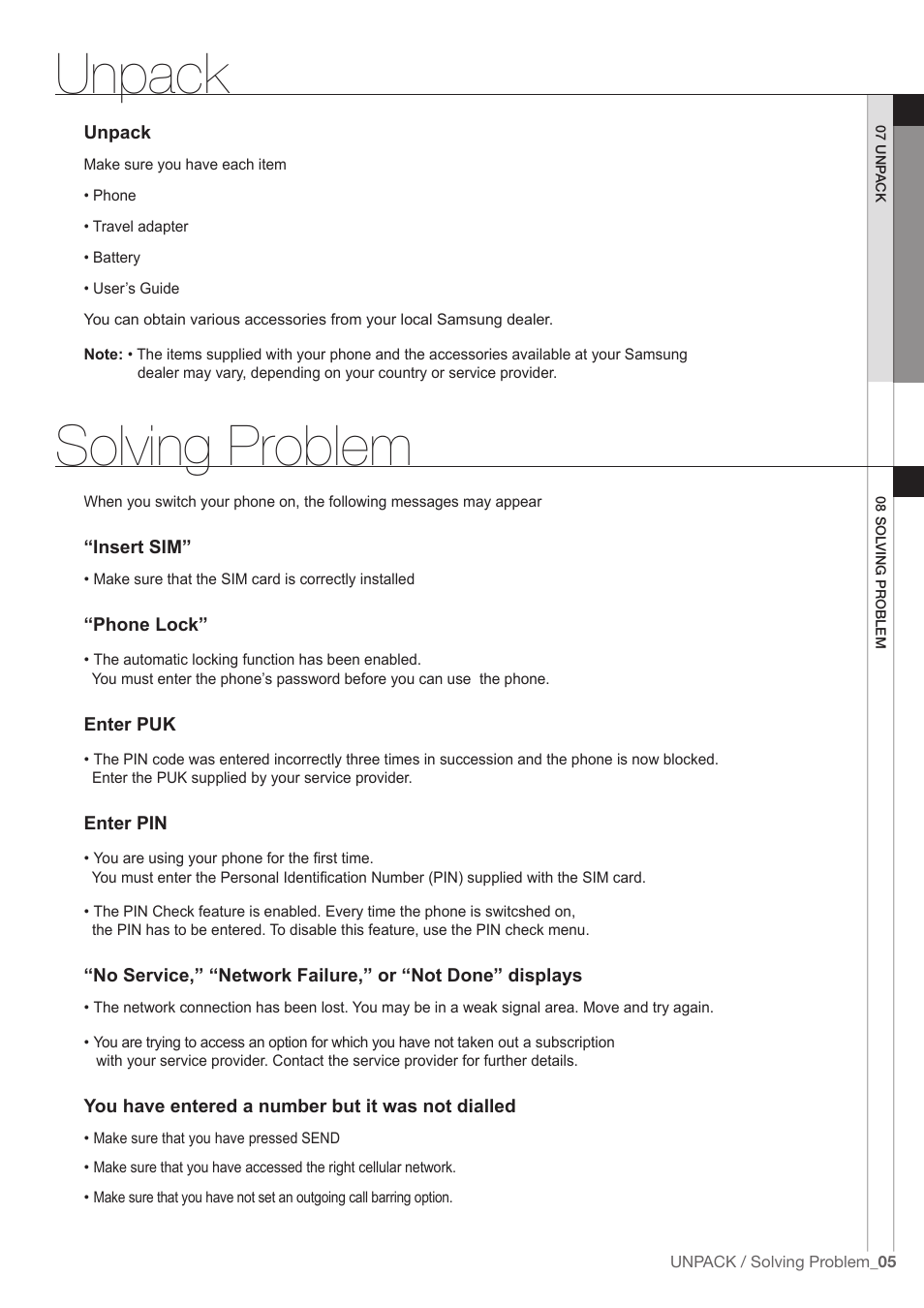 Unpack, Solving problem | Samsung SGH-M600 User Manual | Page 6 / 7