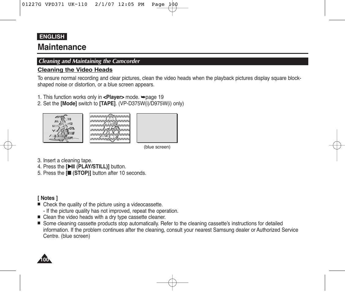 Cleaning and maintaining the camcorder, Maintenance | Samsung D372WH(i) User Manual | Page 100 / 114