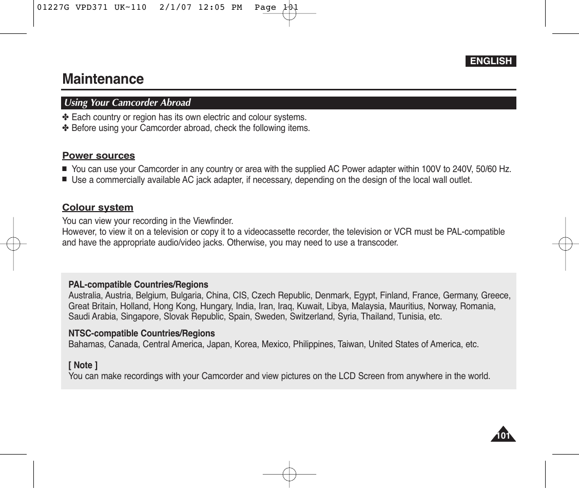 Using your camcorder abroad, Maintenance | Samsung D372WH(i) User Manual | Page 101 / 114