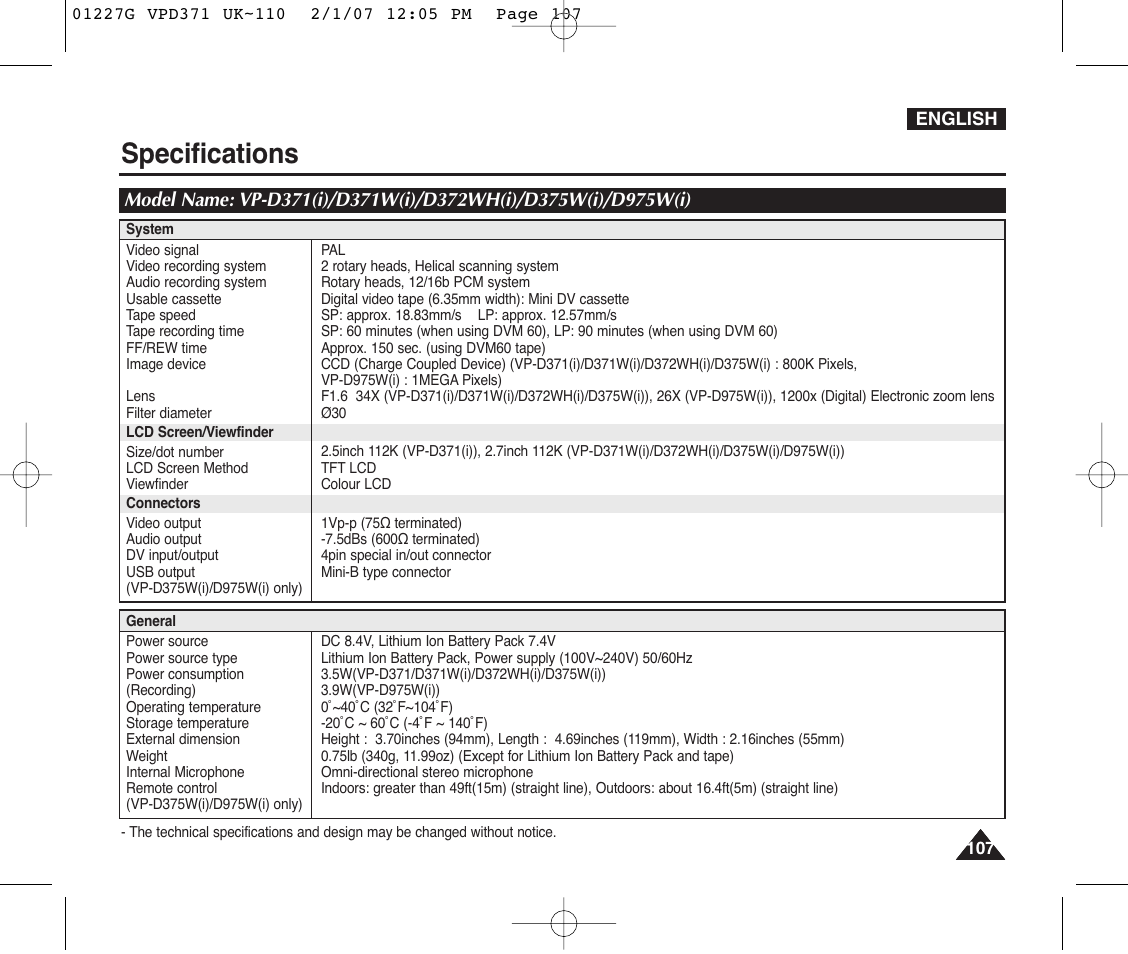 Specifications | Samsung D372WH(i) User Manual | Page 107 / 114