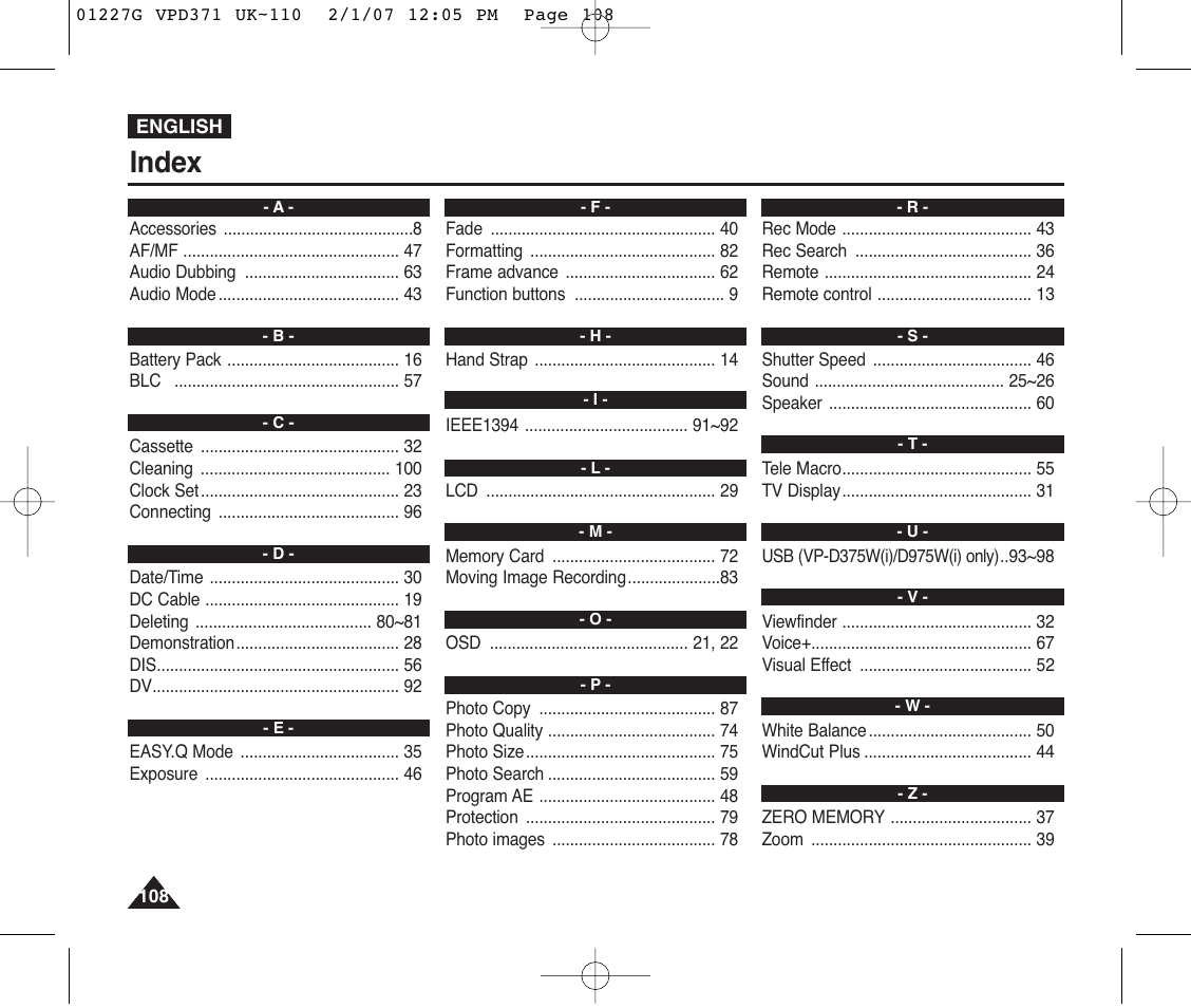 Index | Samsung D372WH(i) User Manual | Page 108 / 114