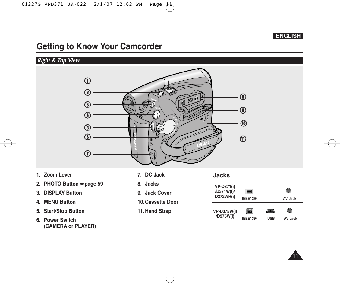 Right & top view, Getting to know your camcorder | Samsung D372WH(i) User Manual | Page 11 / 114