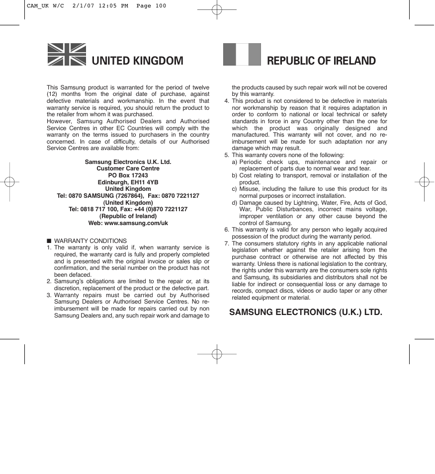 United kingdom republic of ireland, Samsung electronics (u.k.) ltd | Samsung D372WH(i) User Manual | Page 110 / 114