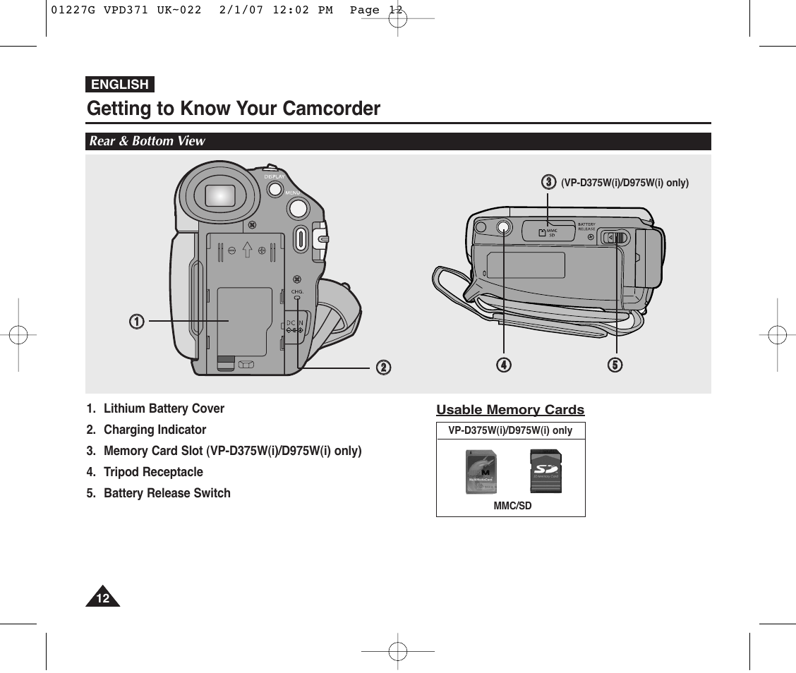 Rear & bottom view, Getting to know your camcorder | Samsung D372WH(i) User Manual | Page 12 / 114