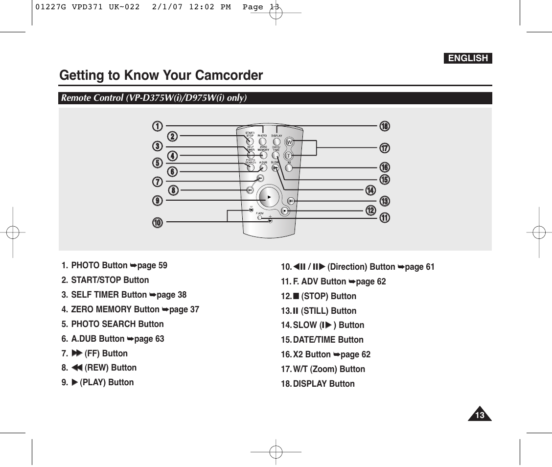 Remote control (vp-d375w(i)/d975w(i) only), Getting to know your camcorder | Samsung D372WH(i) User Manual | Page 13 / 114