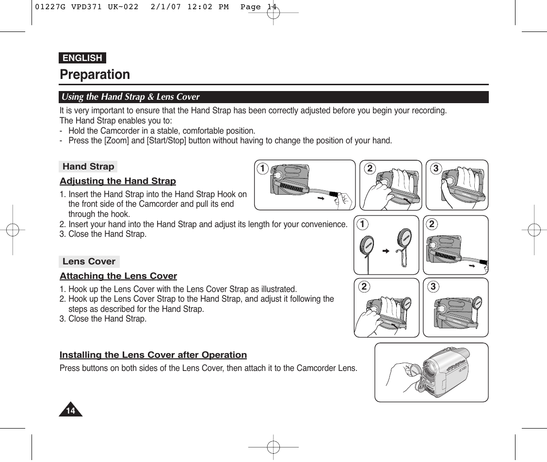 Preparation, Using the hand strap & lens cover | Samsung D372WH(i) User Manual | Page 14 / 114