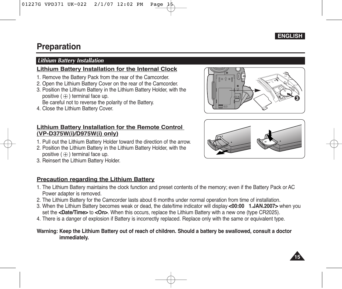 Lithium battery installation, Preparation | Samsung D372WH(i) User Manual | Page 15 / 114