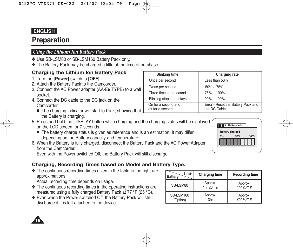 Using the lithium ion battery pack, Preparation | Samsung D372WH(i) User Manual | Page 16 / 114