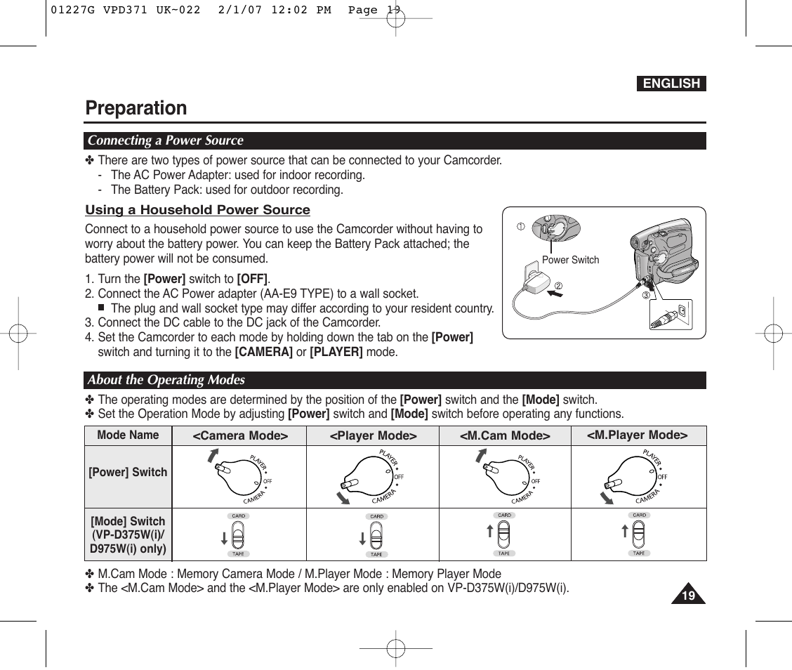 Connecting a power source, About the operating modes, Preparation | Samsung D372WH(i) User Manual | Page 19 / 114