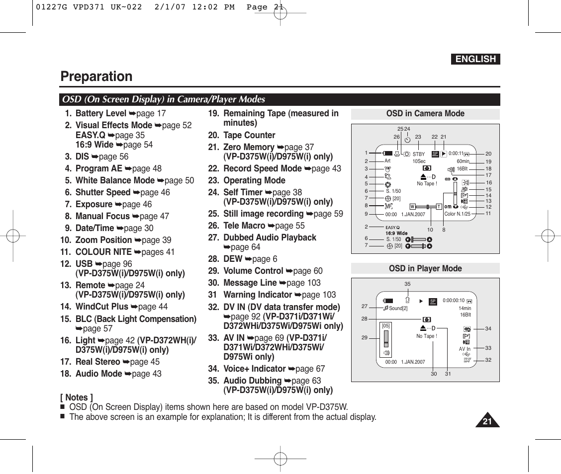 Osd (on screen display) in camera/player modes, Preparation | Samsung D372WH(i) User Manual | Page 21 / 114