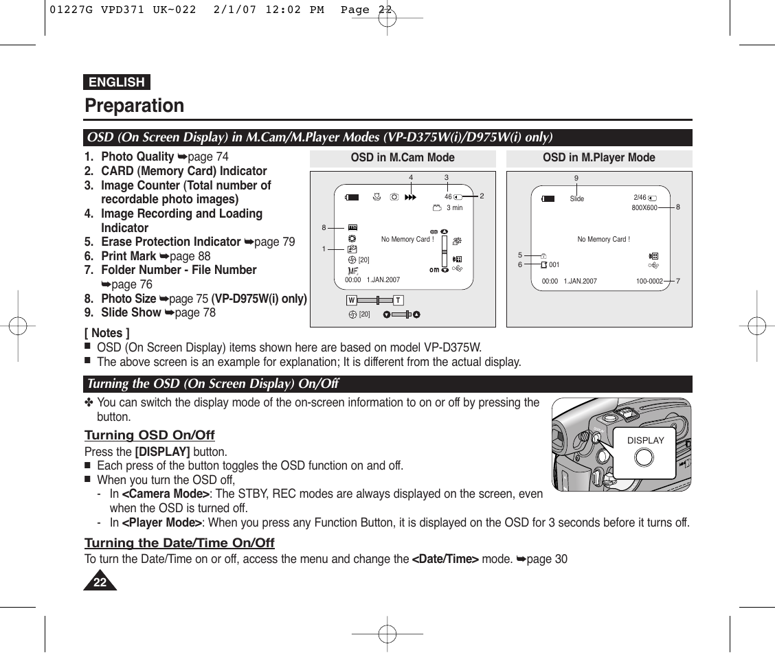 Turning the osd (on screen display) on/off, Preparation | Samsung D372WH(i) User Manual | Page 22 / 114