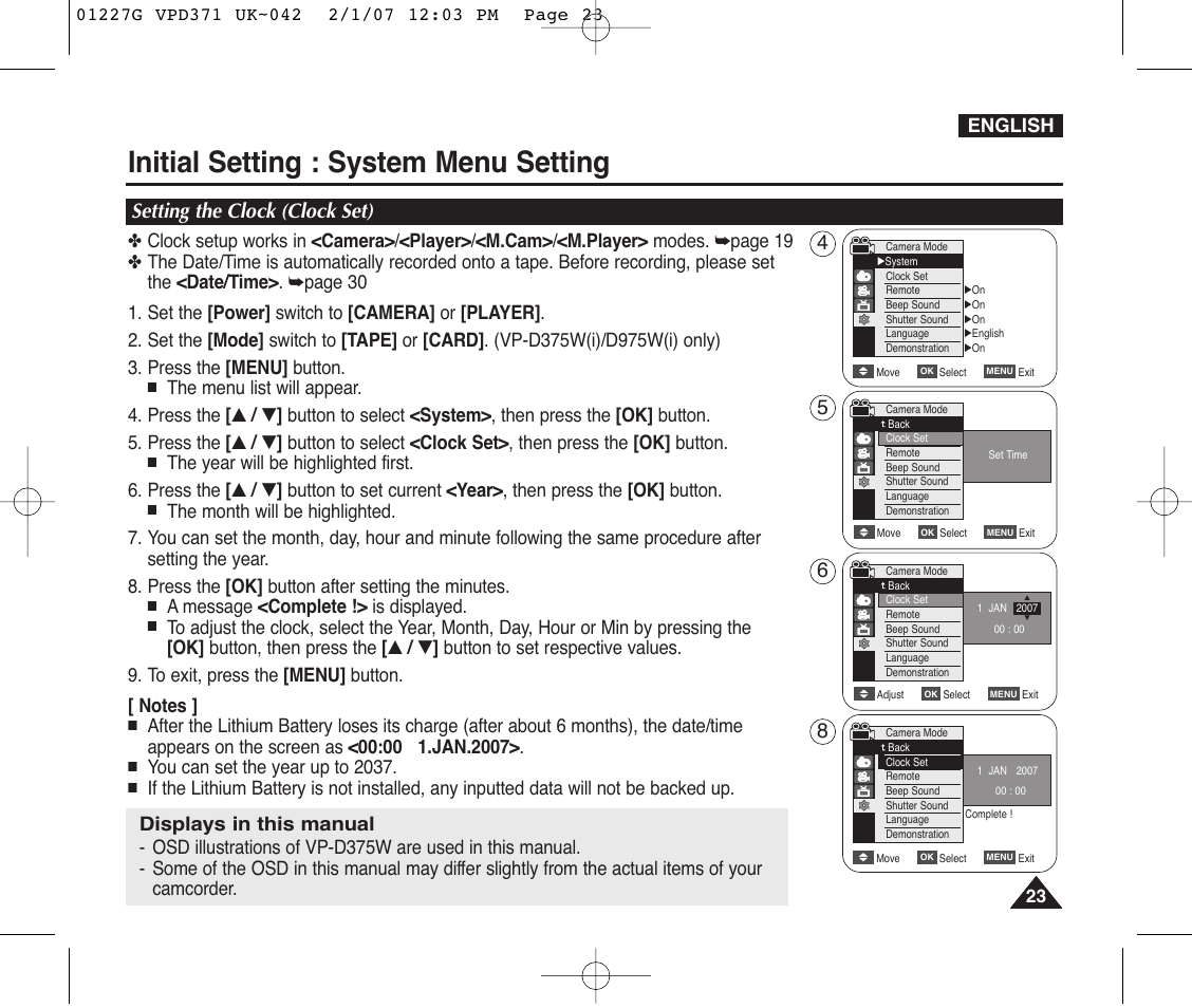 Initial setting :system menu setting, Setting the clock (clock set), Initial setting : system menu setting | Samsung D372WH(i) User Manual | Page 23 / 114