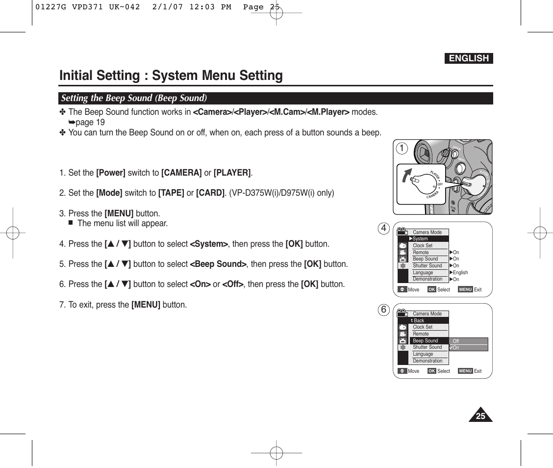 Setting the beep sound (beep sound), Initial setting : system menu setting | Samsung D372WH(i) User Manual | Page 25 / 114