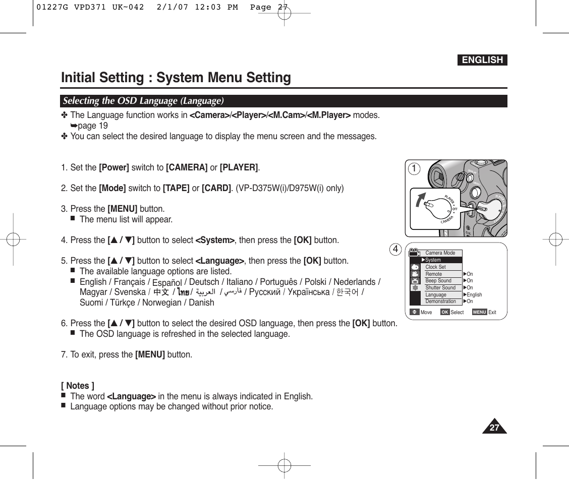 Selecting the osd language (language), Initial setting : system menu setting | Samsung D372WH(i) User Manual | Page 27 / 114