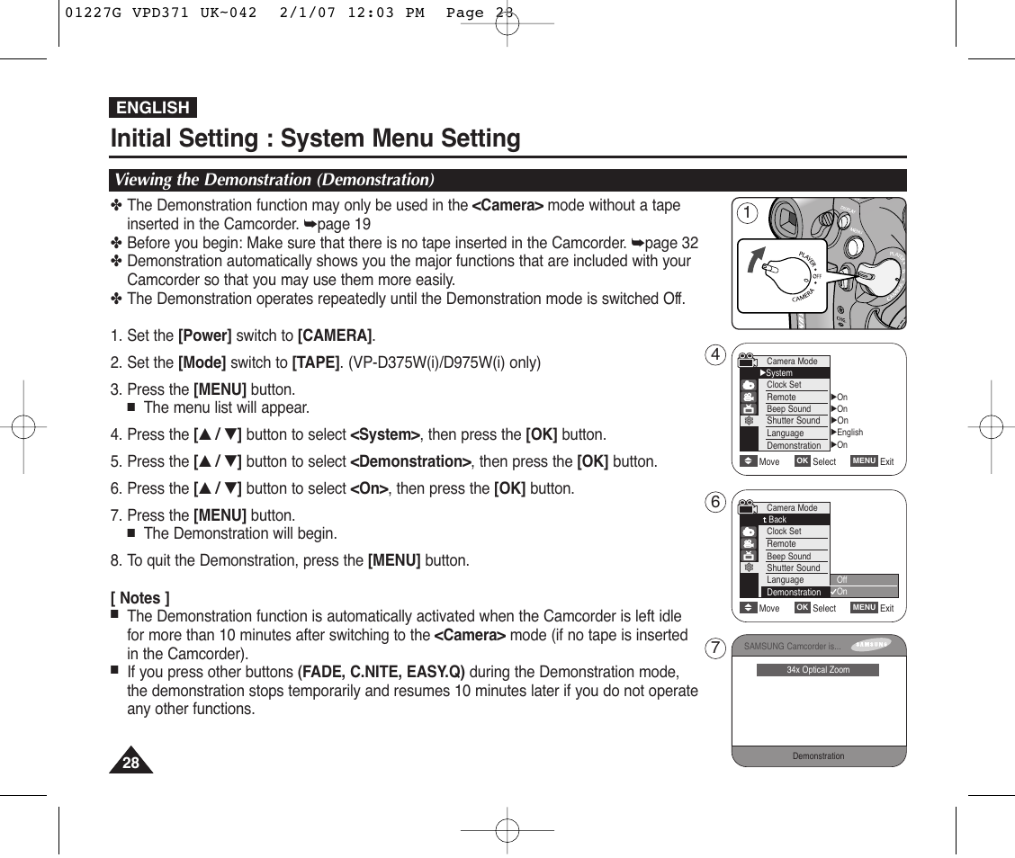 Viewing the demonstration (demonstration), Initial setting : system menu setting | Samsung D372WH(i) User Manual | Page 28 / 114