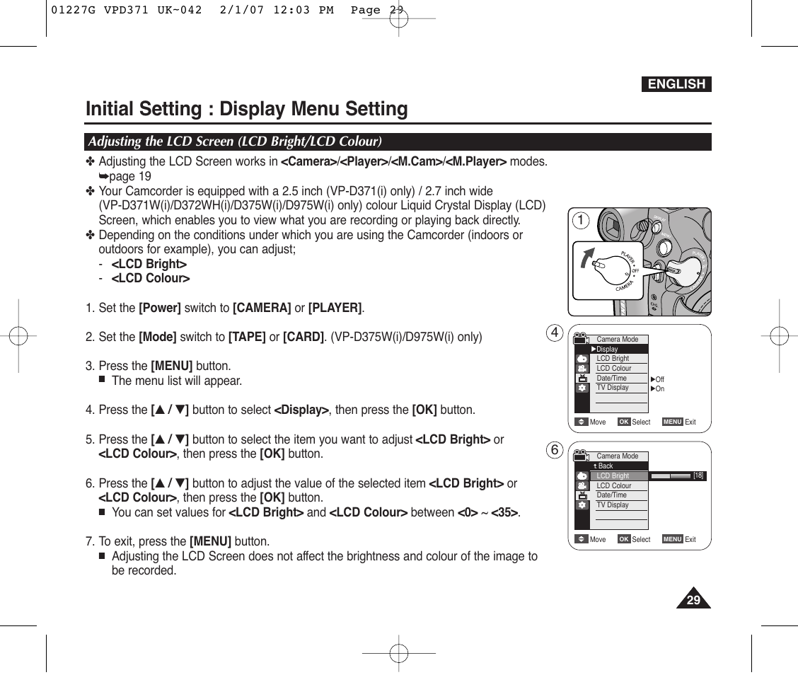 Initial setting :display menu setting, Adjusting the lcd screen (lcd bright/lcd colour), Initial setting : display menu setting | Samsung D372WH(i) User Manual | Page 29 / 114