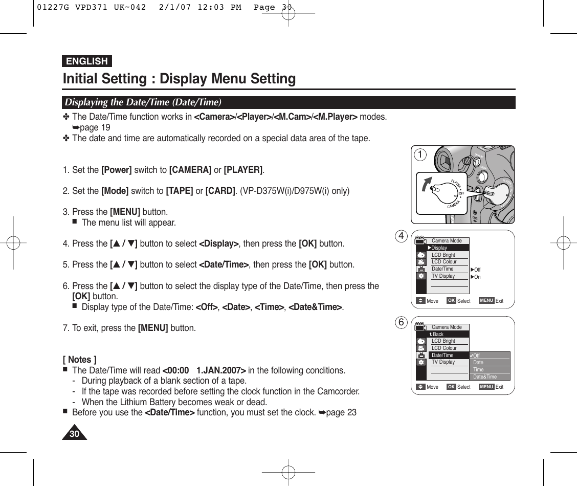 Displaying the date/time (date/time), Initial setting : display menu setting | Samsung D372WH(i) User Manual | Page 30 / 114