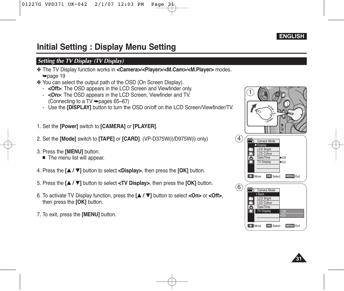 Setting the tv display (tv display), Initial setting : display menu setting | Samsung D372WH(i) User Manual | Page 31 / 114