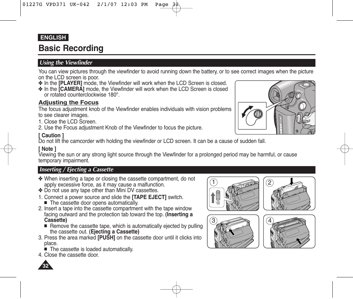 Basic recording, Using the viewfinder, Inserting / ejecting a cassette | Samsung D372WH(i) User Manual | Page 32 / 114