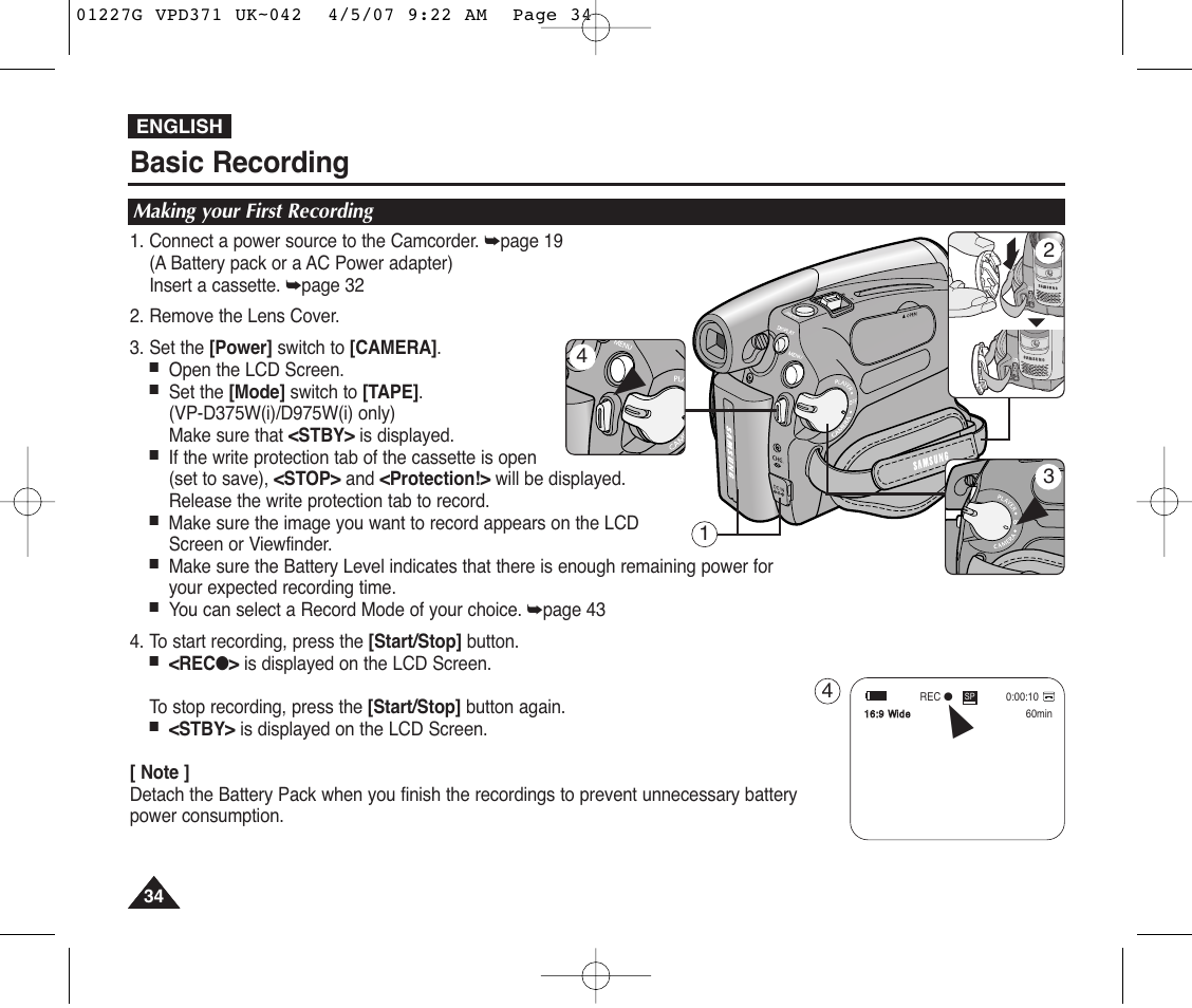 Making your first recording, Basic recording | Samsung D372WH(i) User Manual | Page 34 / 114