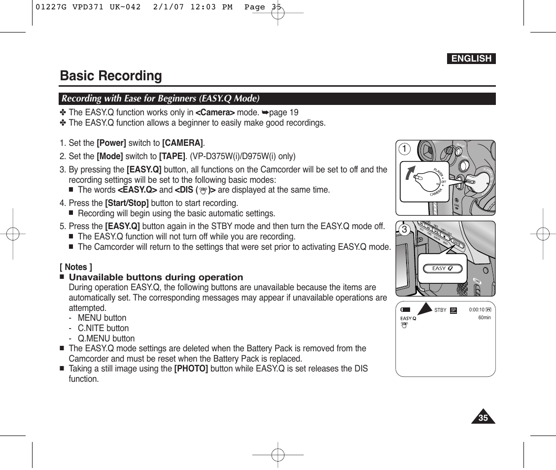 Recording with ease for beginners (easy.q mode), Basic recording | Samsung D372WH(i) User Manual | Page 35 / 114