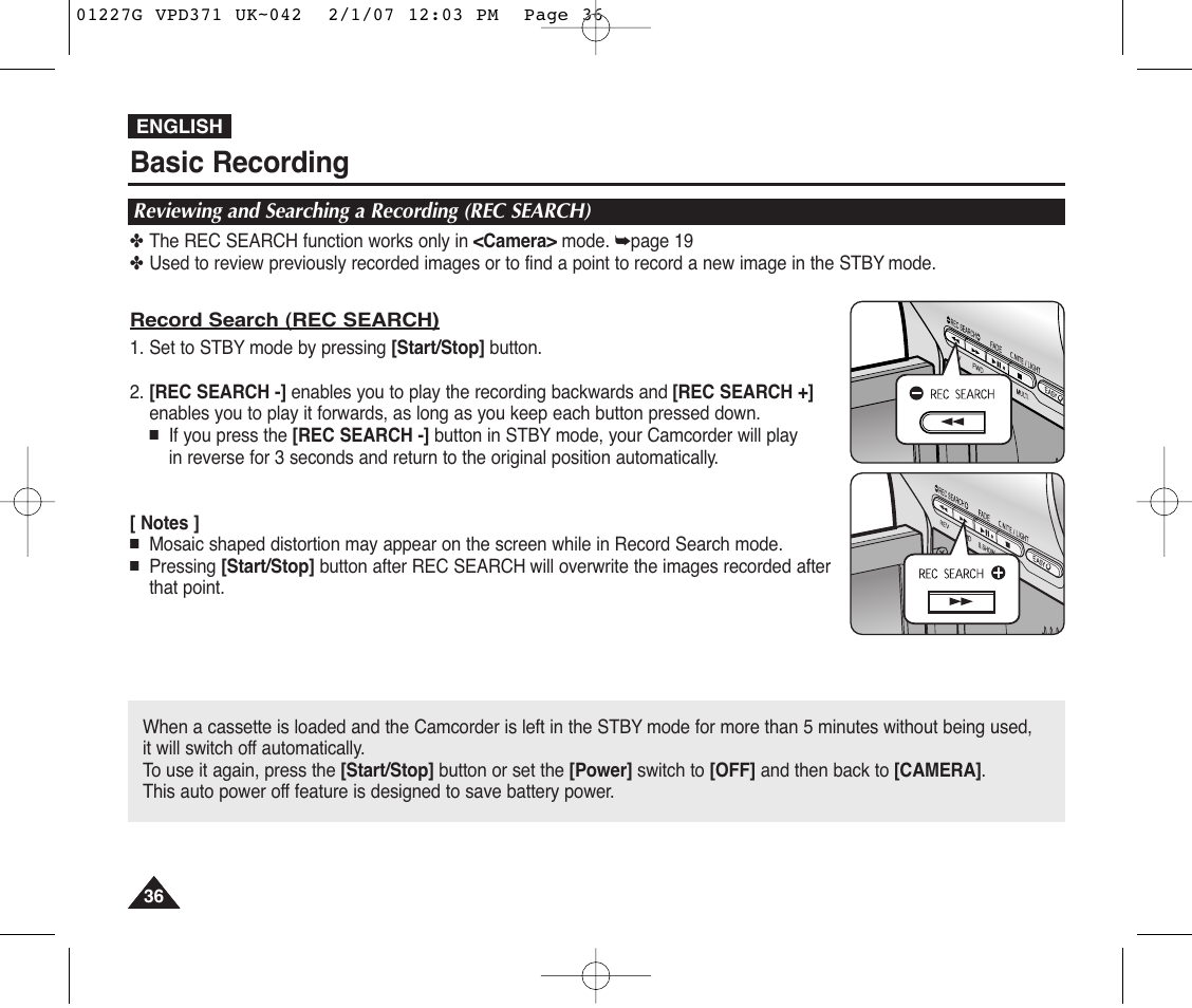 Reviewing and searching a recording (rec search), Basic recording | Samsung D372WH(i) User Manual | Page 36 / 114