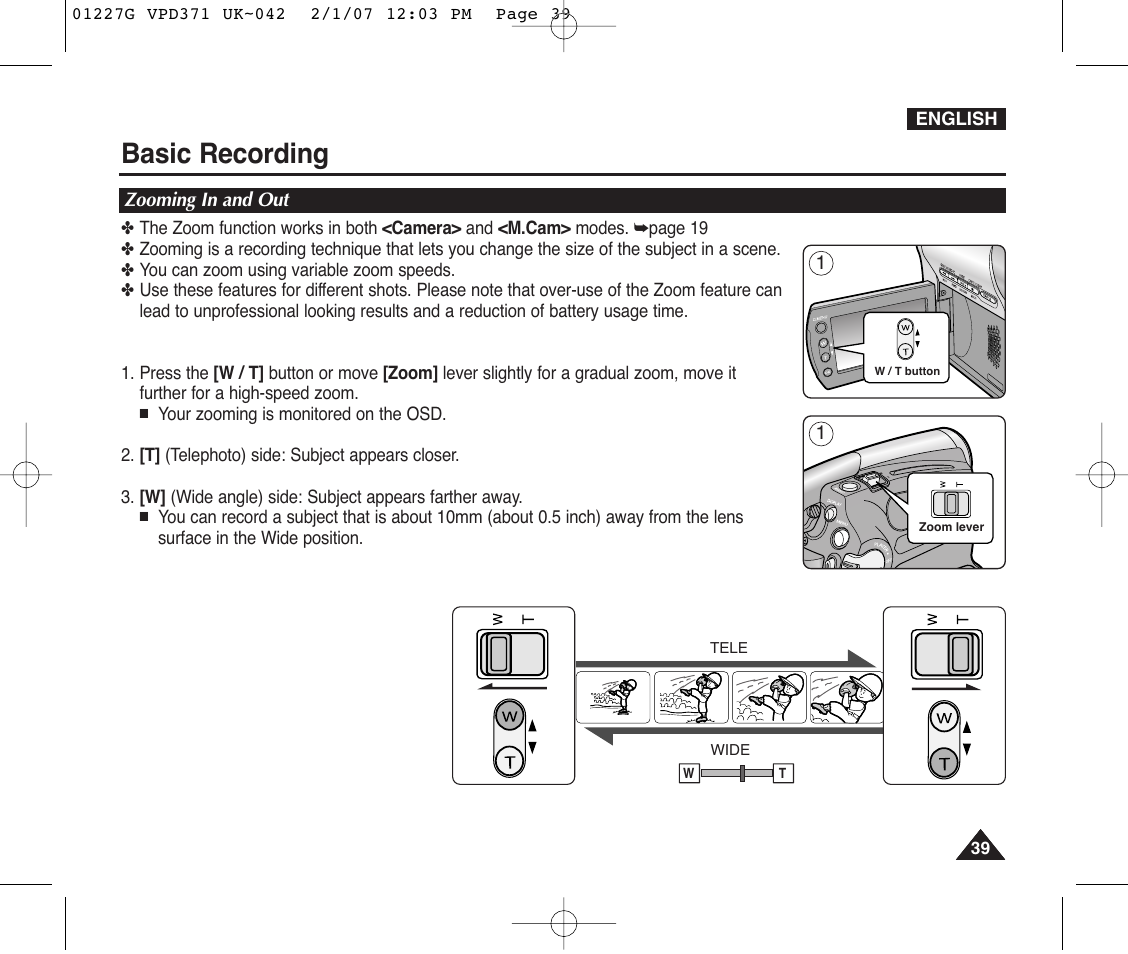 Zooming in and out, Basic recording | Samsung D372WH(i) User Manual | Page 39 / 114