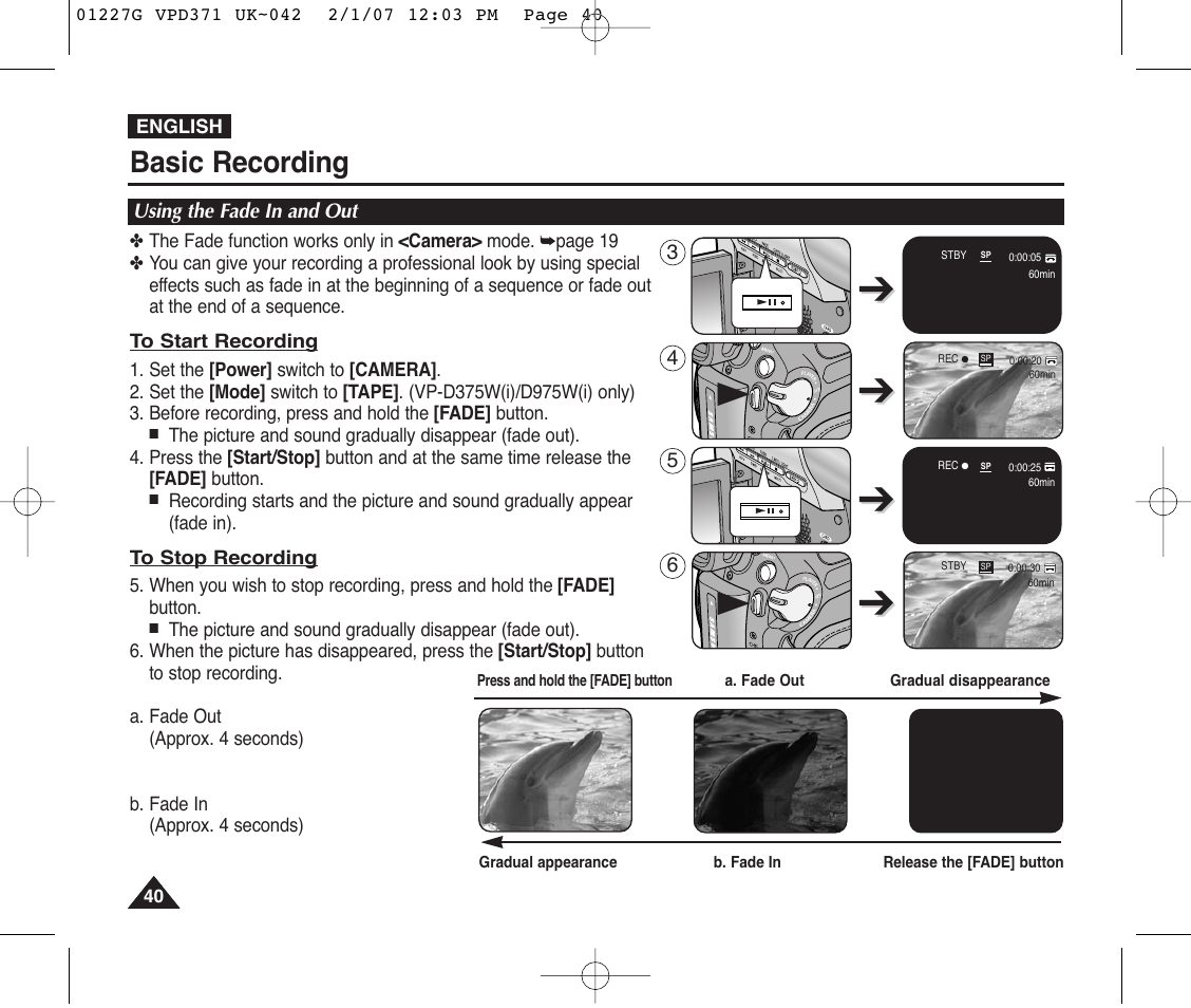 Using the fade in and out, Basic recording | Samsung D372WH(i) User Manual | Page 40 / 114