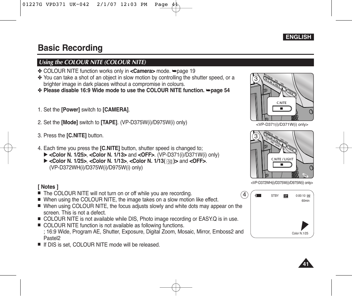 Using the colour nite (colour nite), Basic recording | Samsung D372WH(i) User Manual | Page 41 / 114