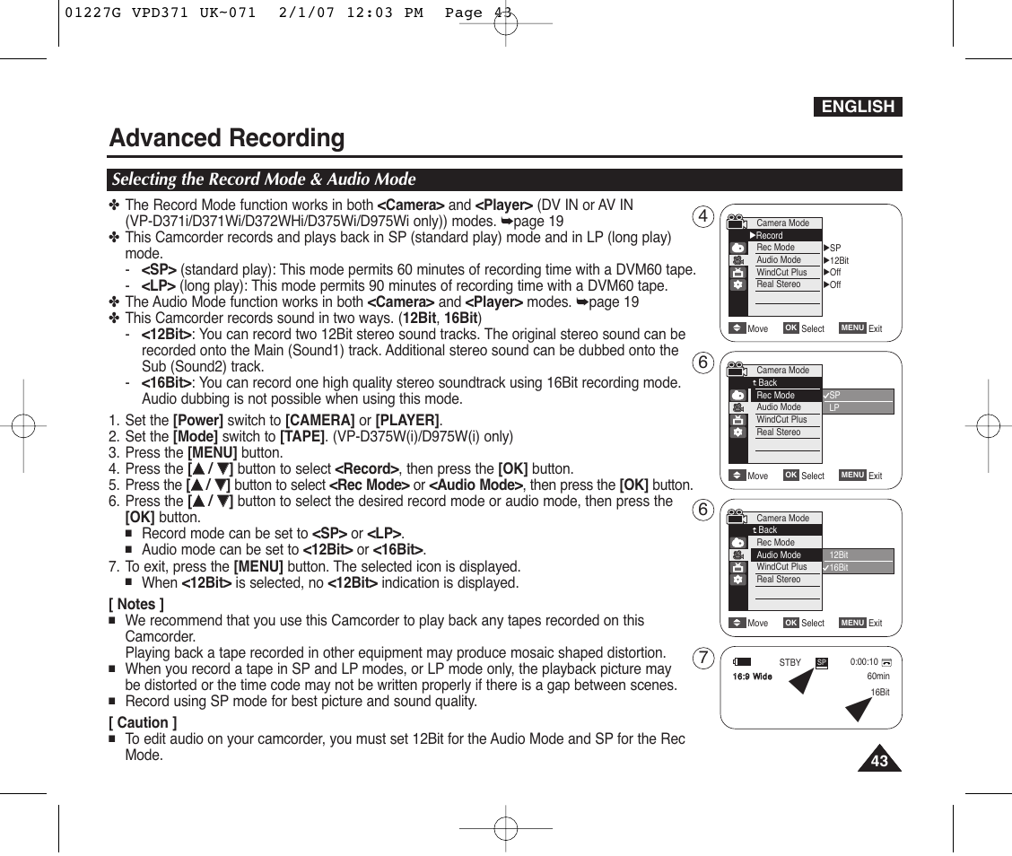 Advanced recording, Selecting the record mode & audio mode | Samsung D372WH(i) User Manual | Page 43 / 114