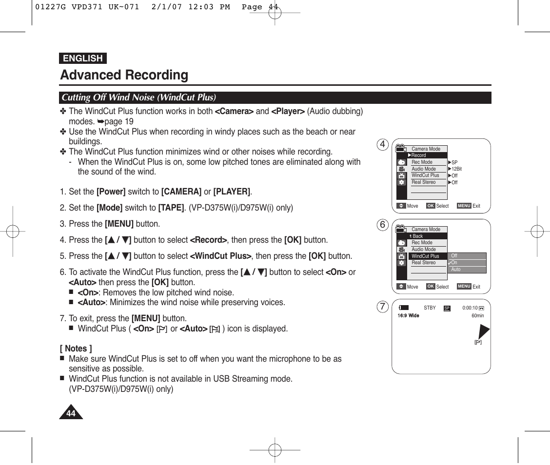 Cutting off wind noise (windcut plus), Advanced recording | Samsung D372WH(i) User Manual | Page 44 / 114