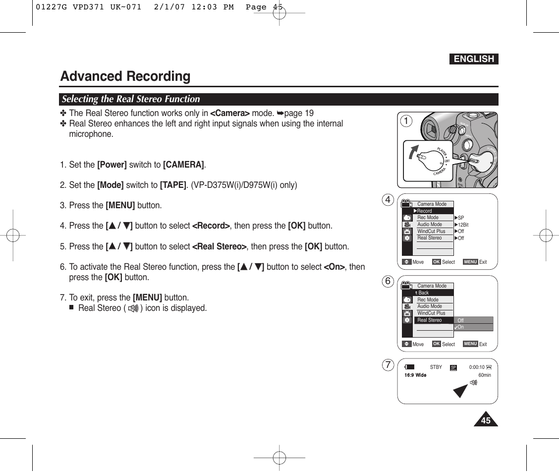 Selecting the real stereo function, Advanced recording | Samsung D372WH(i) User Manual | Page 45 / 114