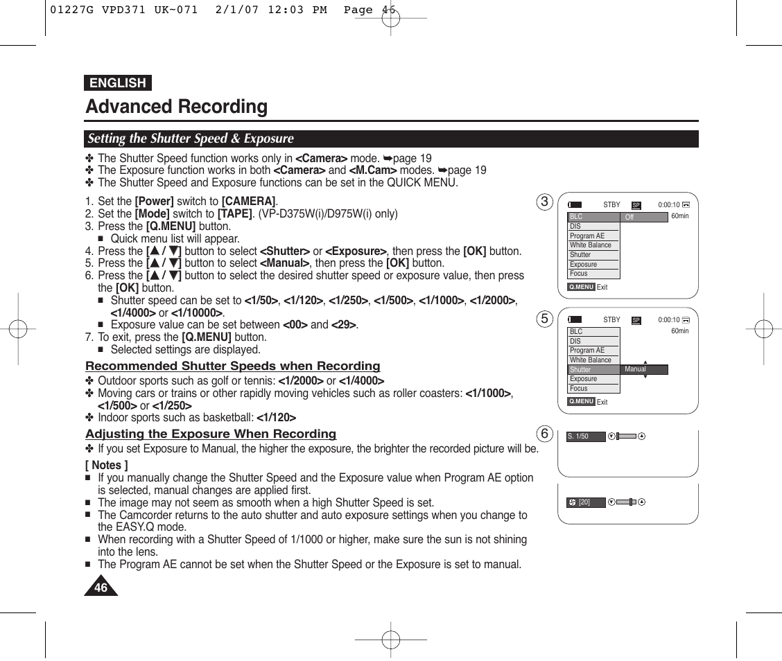 Setting the shutter speed & exposure, Advanced recording, English | Samsung D372WH(i) User Manual | Page 46 / 114