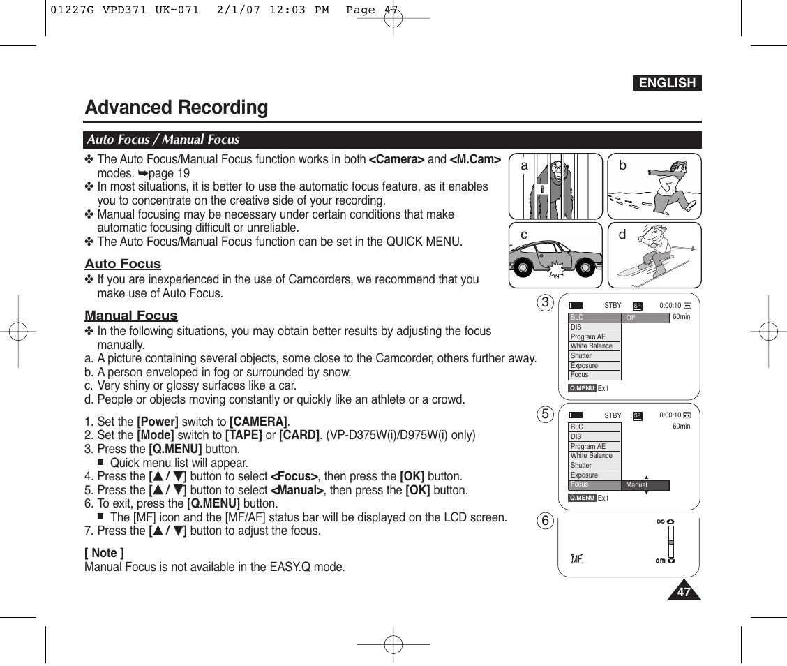 Auto focus / manual focus, Advanced recording | Samsung D372WH(i) User Manual | Page 47 / 114