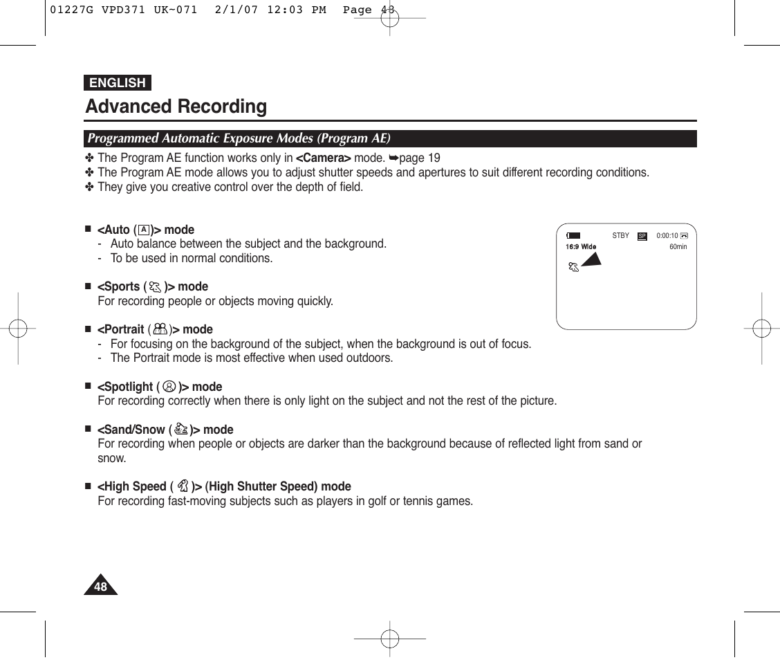 Programmed automatic exposure modes (program ae), Advanced recording | Samsung D372WH(i) User Manual | Page 48 / 114