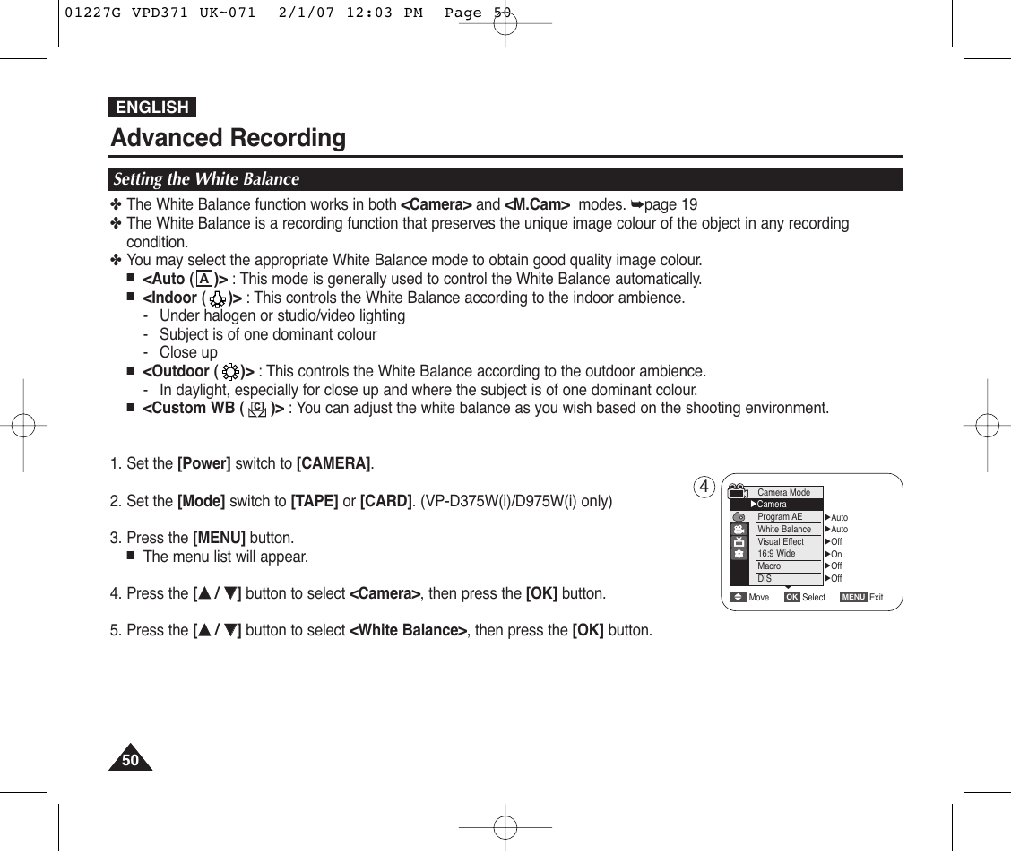 Setting the white balance, Advanced recording | Samsung D372WH(i) User Manual | Page 50 / 114