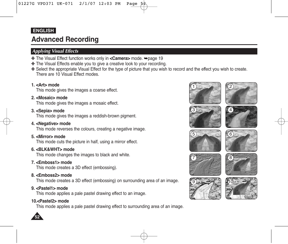 Applying visual effects, Advanced recording | Samsung D372WH(i) User Manual | Page 52 / 114