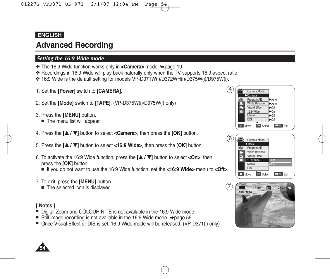 Setting the 16:9 wide mode, Advanced recording | Samsung D372WH(i) User Manual | Page 54 / 114