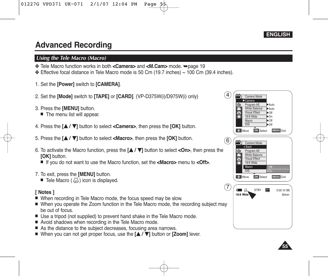 Using the tele macro (macro), Advanced recording | Samsung D372WH(i) User Manual | Page 55 / 114