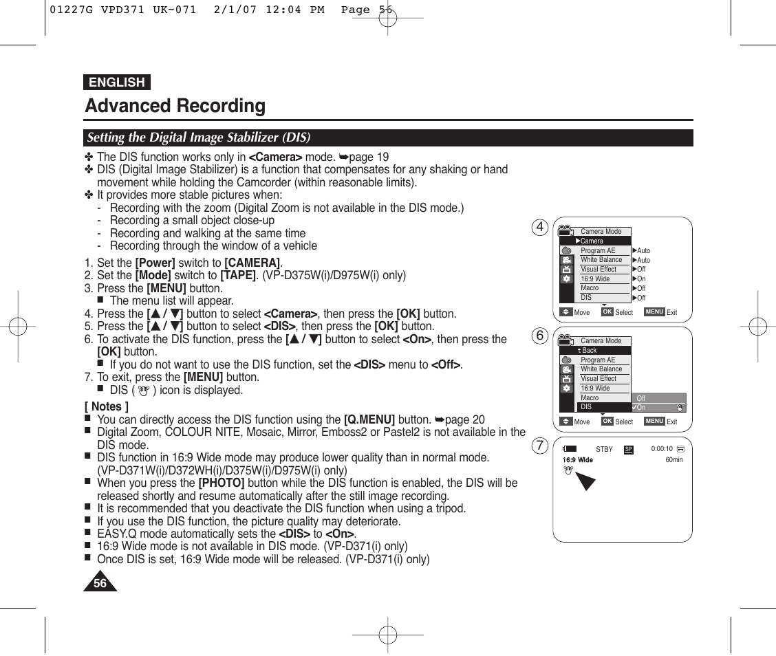 Setting the digital image stabilizer (dis), Advanced recording | Samsung D372WH(i) User Manual | Page 56 / 114