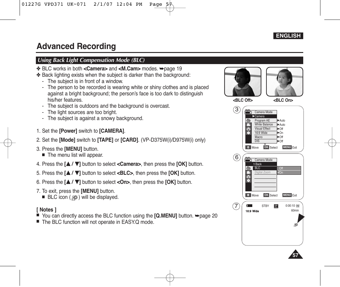 Using back light compensation mode (blc), Advanced recording | Samsung D372WH(i) User Manual | Page 57 / 114